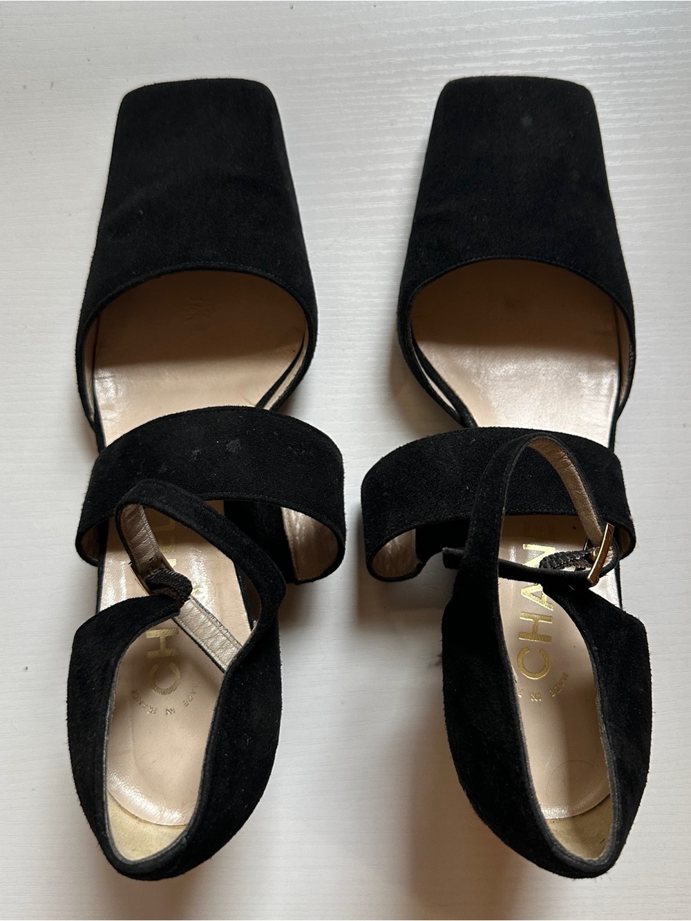 CHANEL Black Suede Square-Toe Strap Heels